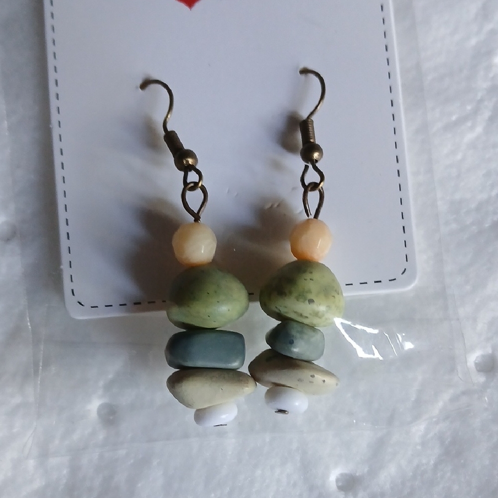 Green and Cream Bead Drop Earrings with Peach Accent